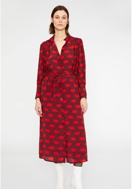 Vestido midi camisero de crepe con manga amplia y estampado geométrico rojo - ECRU