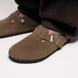 Zuecos BIRKENSTOCK Boston Suede Leather Dark Tea Tonal Plantilla Blanda
