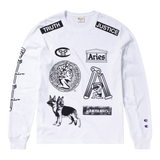 Camiseta ARIES x CHAMPION Sponsor de Manga Larga con Gráfico Unisex Blanco