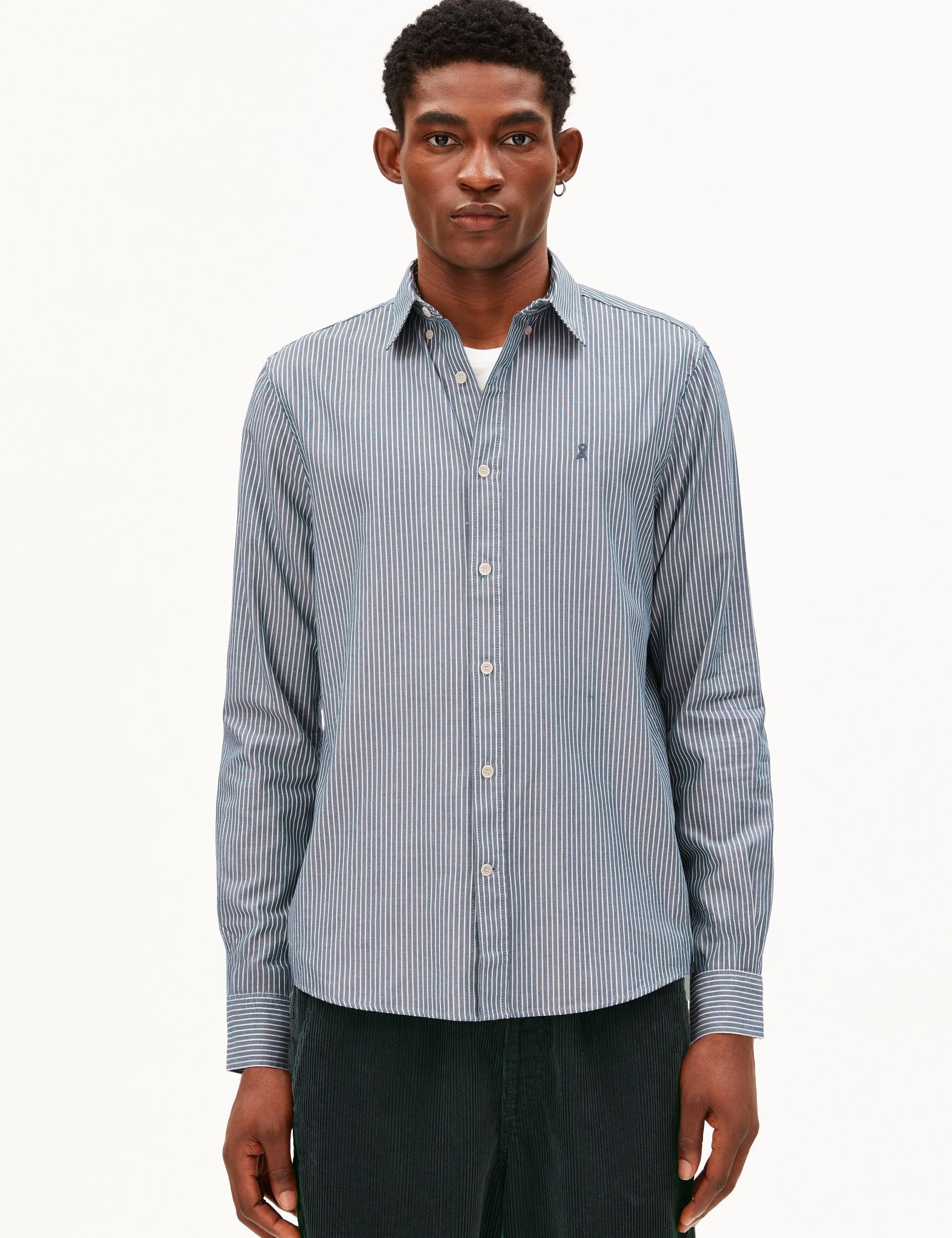 Camisa ARMEDANGELS Quaasa Stripe Petrol Velvet, vista frontal