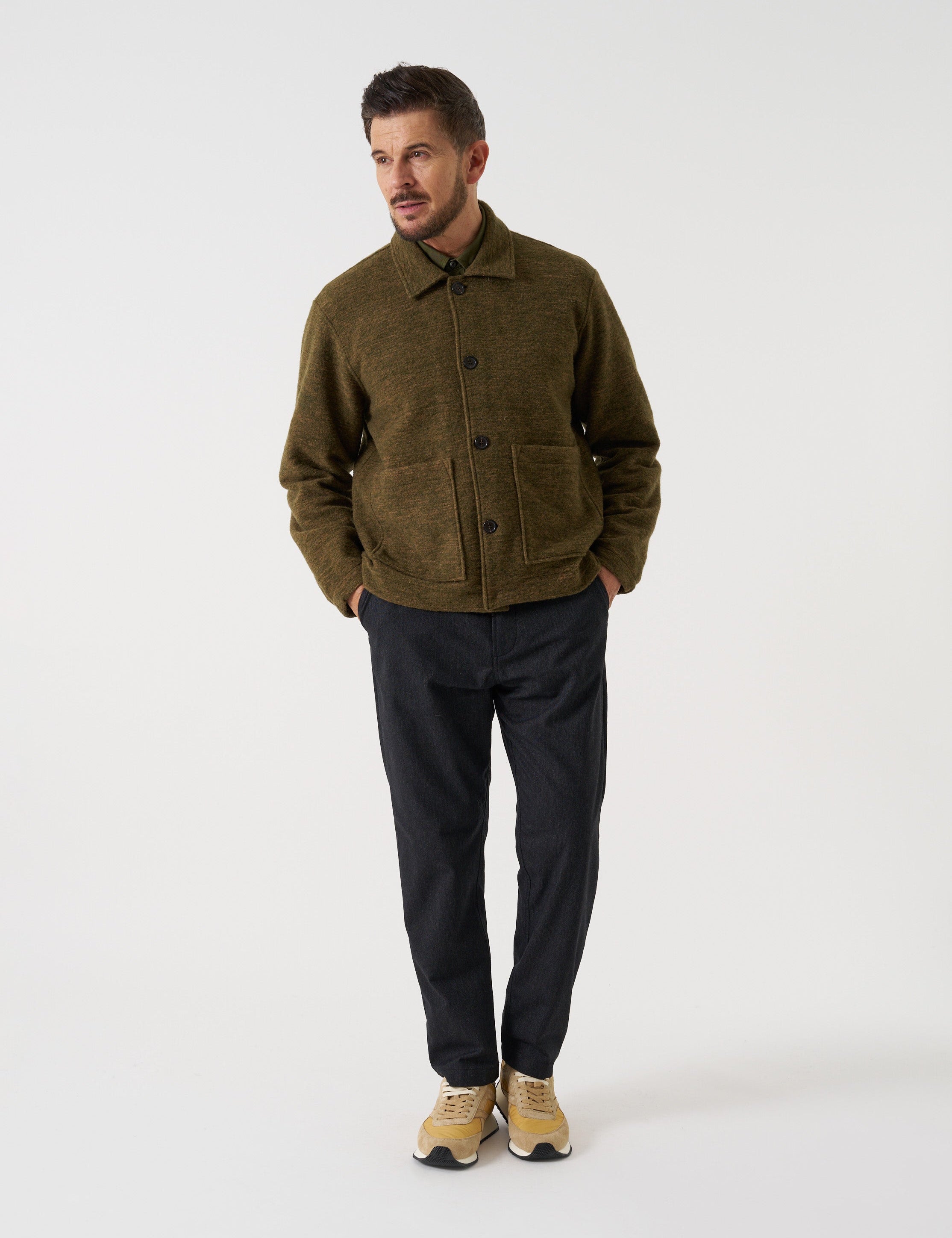 Chaqueta UNIVERSAL WORKS Wool Mix Knit Rams Jacket Olive - vista oficial 2