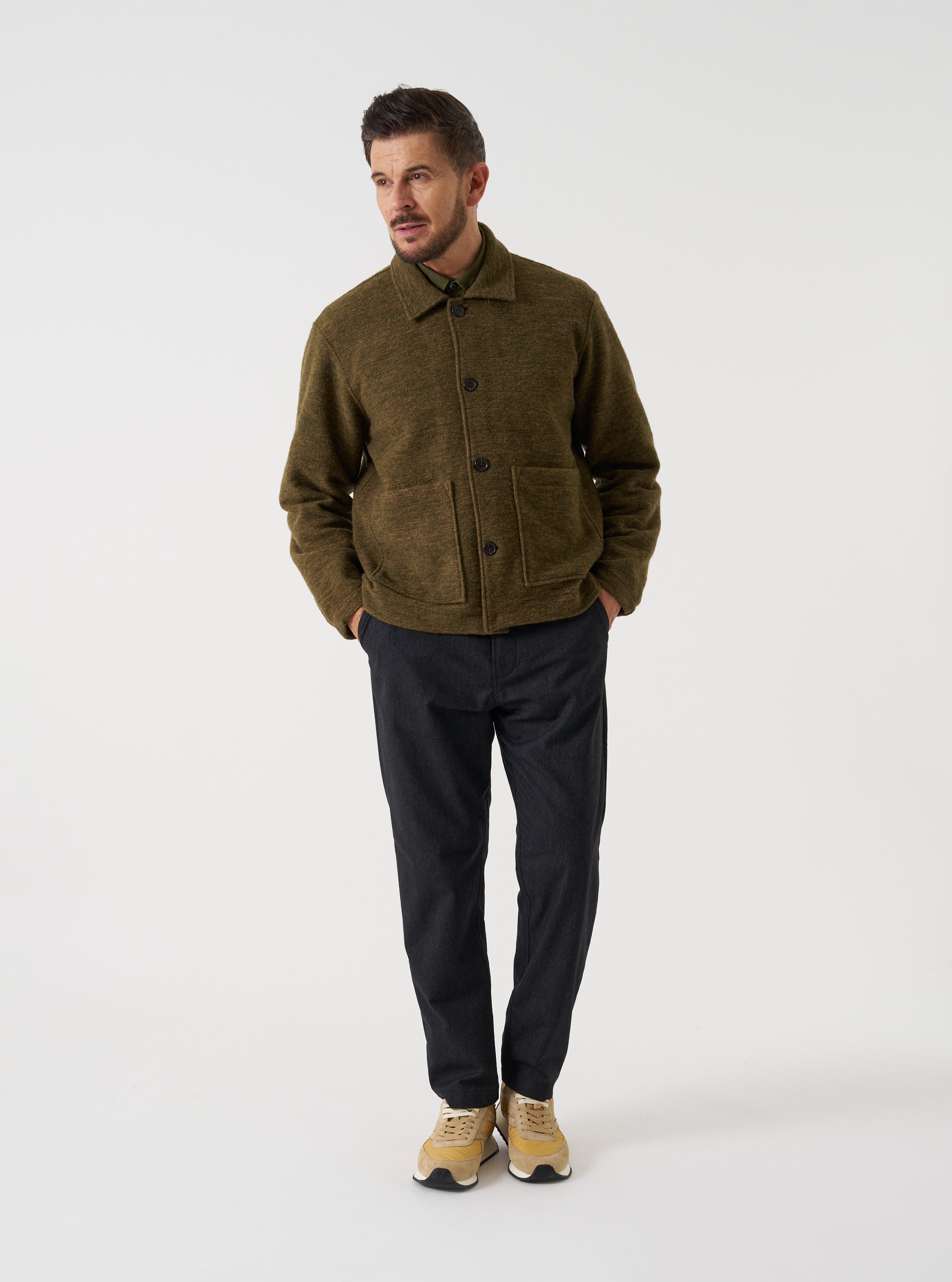Chaqueta UNIVERSAL WORKS Wool Mix Knit Rams Jacket Olive - vista oficial 2