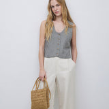 YERSE Amara gestreifte Weste aus graublauer Leinenmischung 