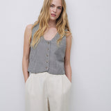 YERSE Amara gestreifte Weste aus graublauer Leinenmischung 