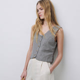 YERSE Amara gestreifte Weste aus graublauer Leinenmischung 