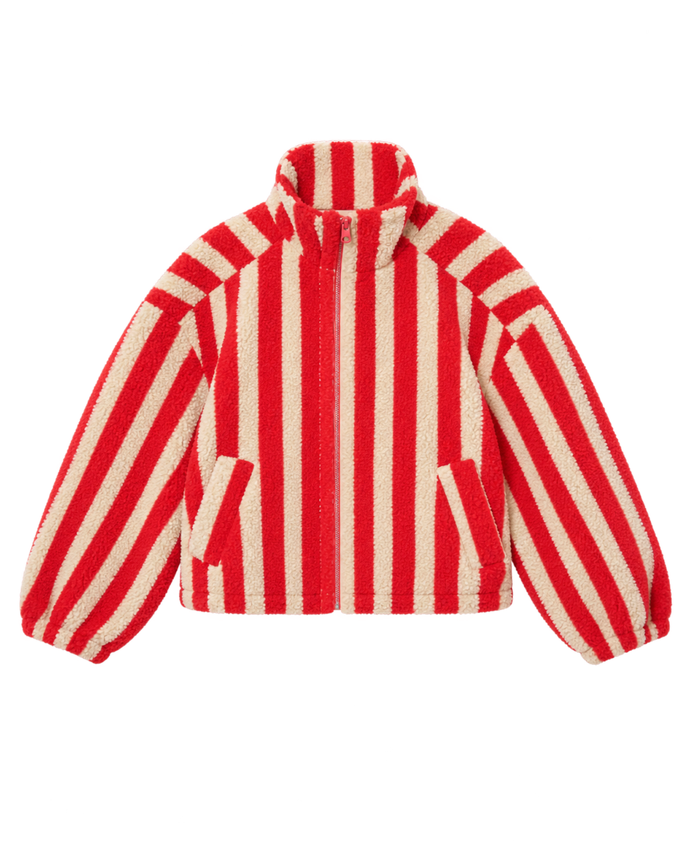 Chaqueta sherpa Wide Stripes The Tiny Big Sister AW26-653 vanilla y rojo oscuro - vista frontal