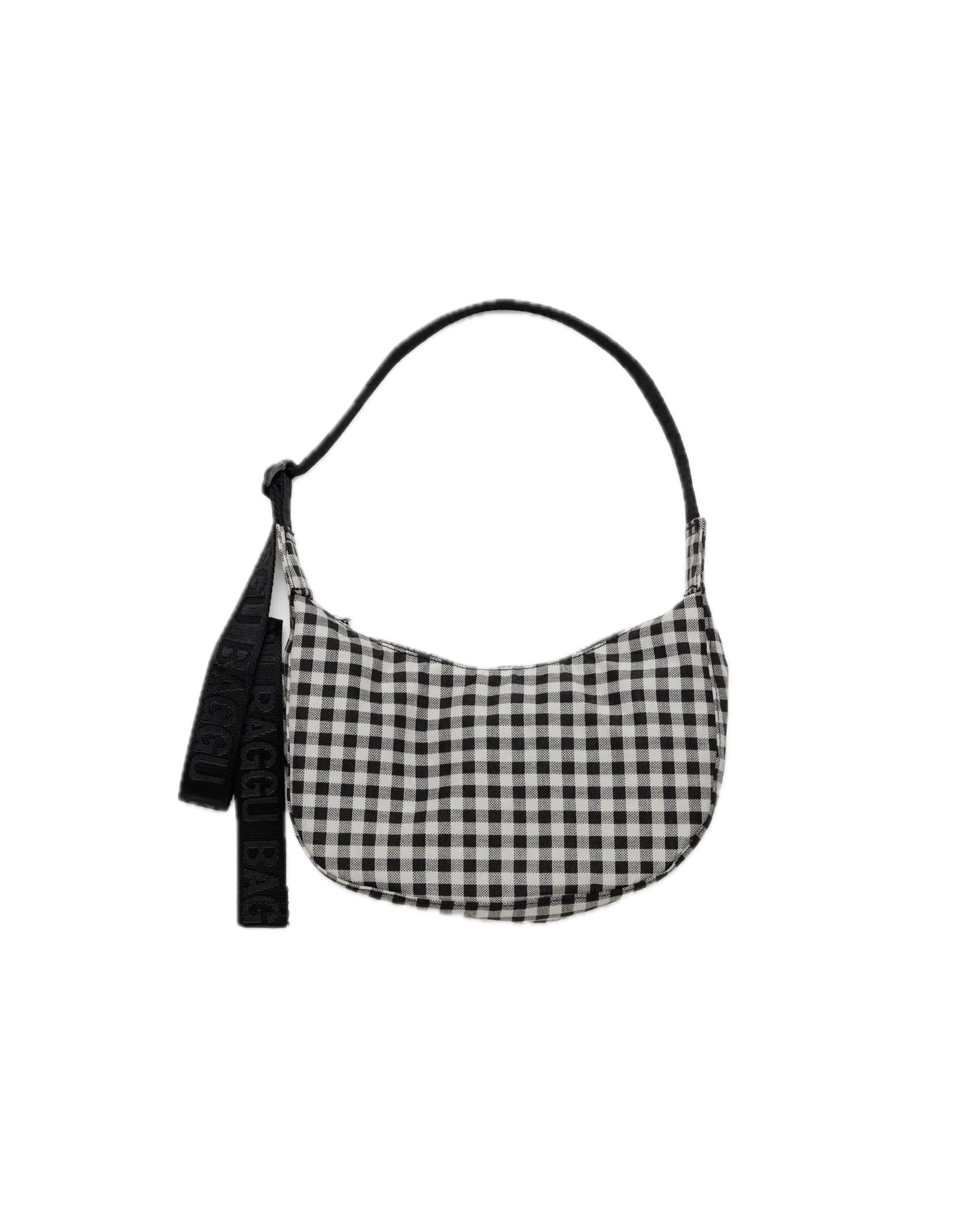 Baggu Kleine, halbmondförmige, schwarz-weiße Gingham-Tasche aus Nylon