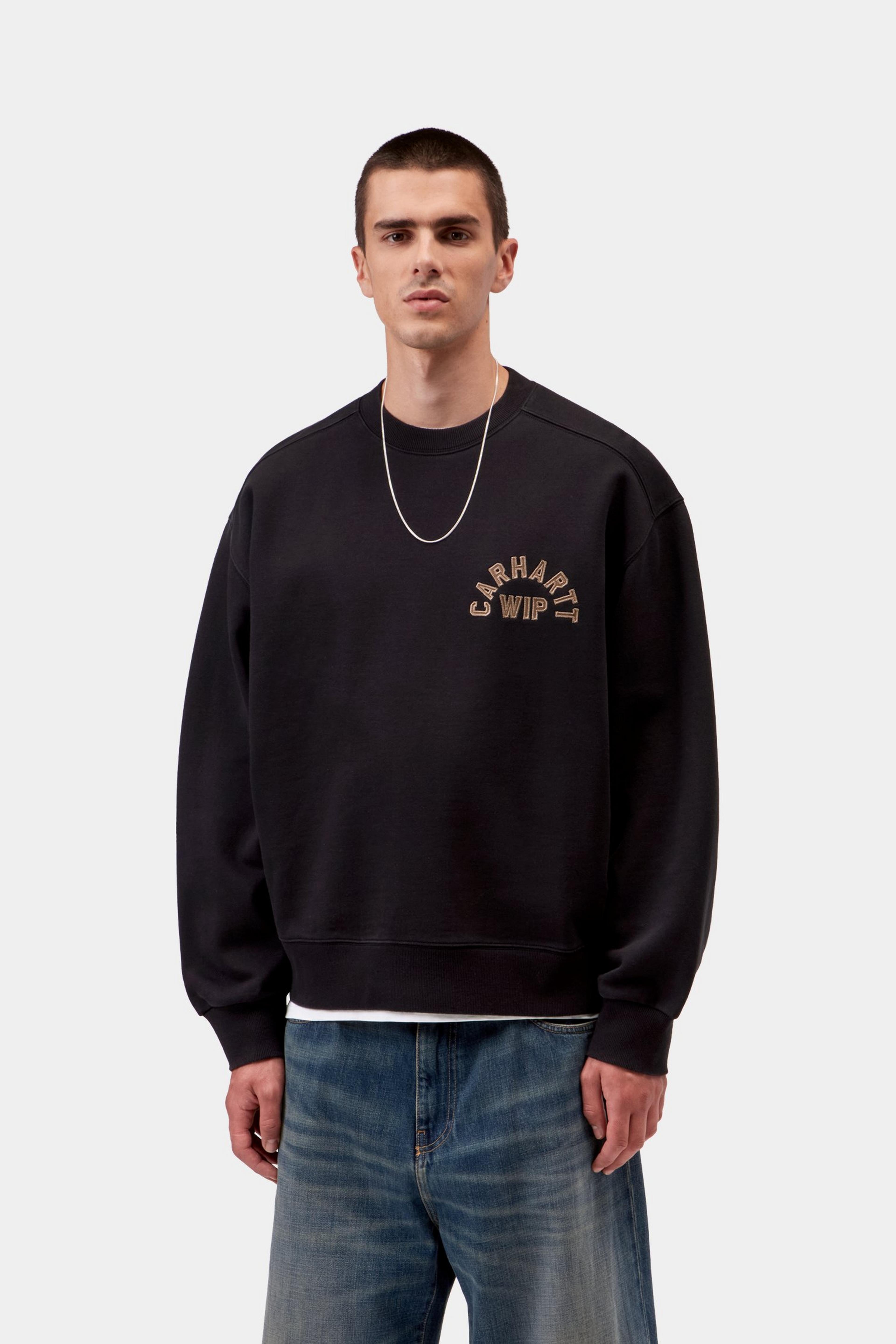 Sudadera CARHARTT WIP Arch Script Black / Hamilton Brown, vista frontal con modelo