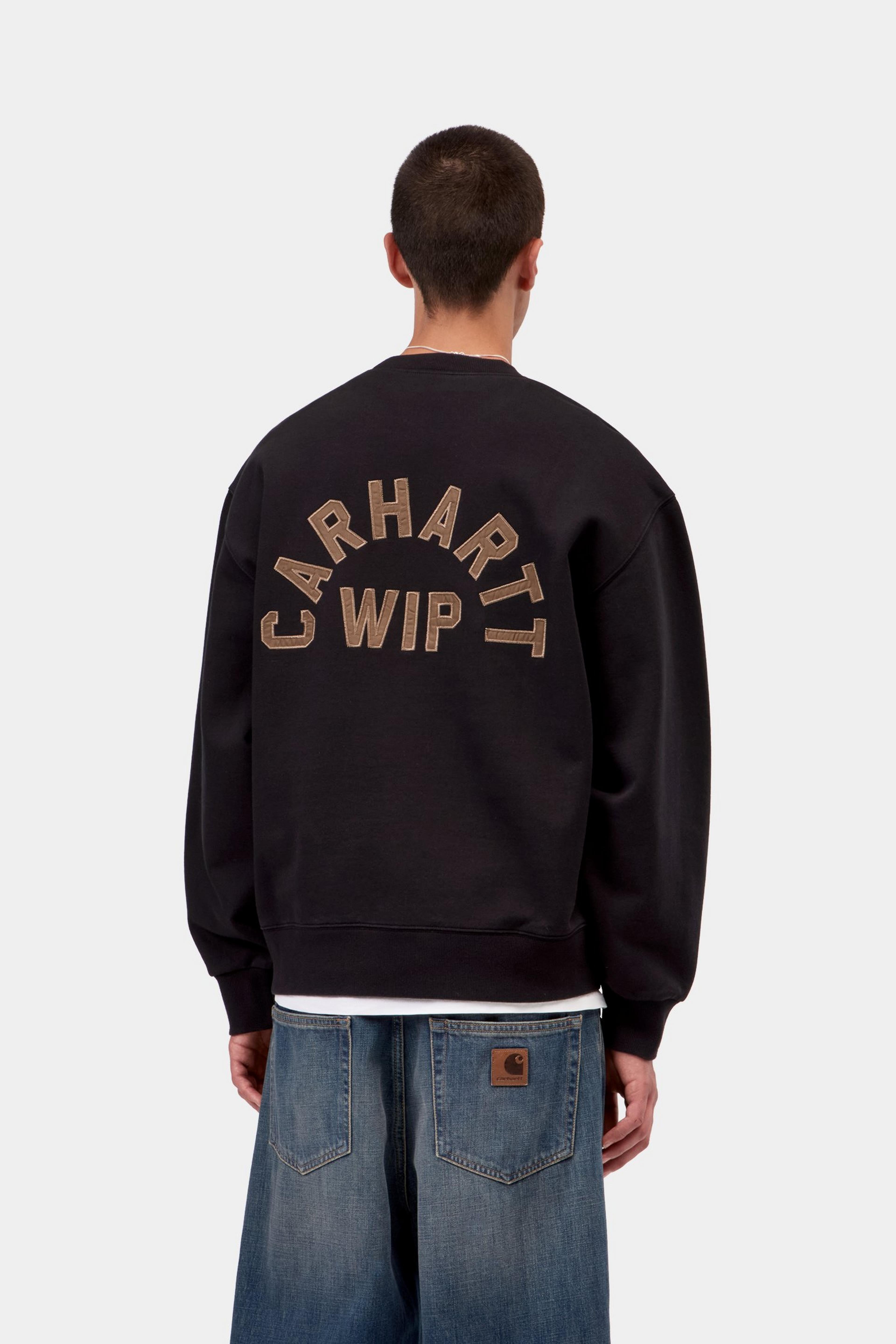 Sudadera CARHARTT WIP Arch Script Black / Hamilton Brown, vista trasera con modelo