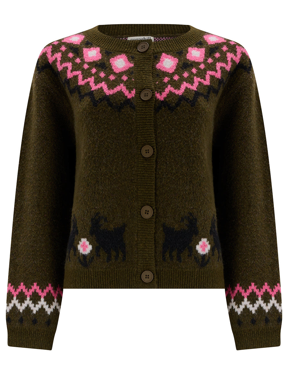 Cárdigan SUGARHILL Olana Olive Goat Fairisle — vista frontal del producto