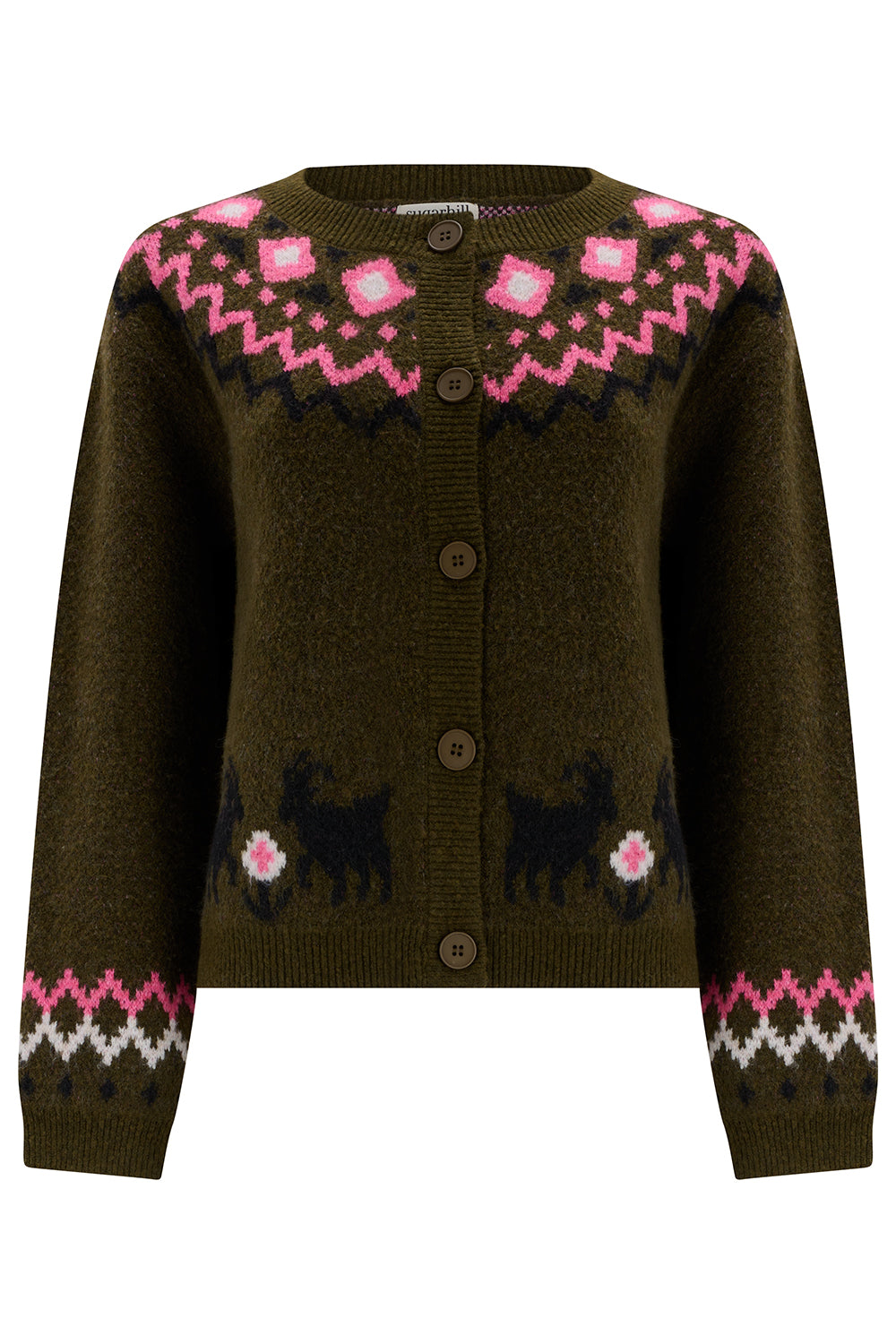 Cárdigan SUGARHILL Olana Olive Goat Fairisle — vista frontal del producto