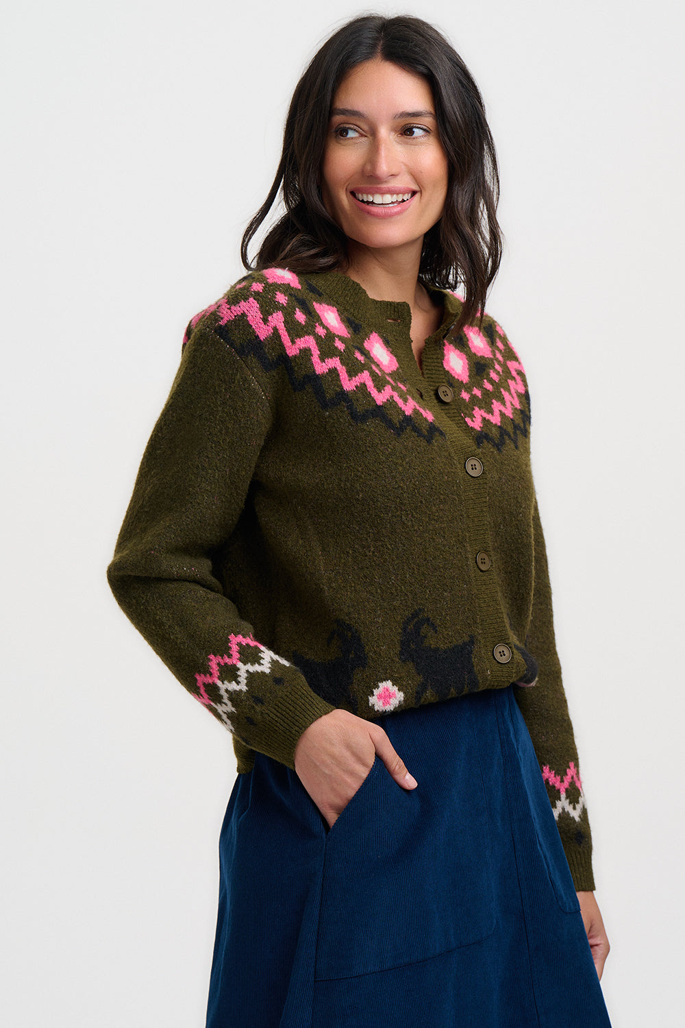 Cárdigan SUGARHILL Olana Olive Goat Fairisle — vista 3