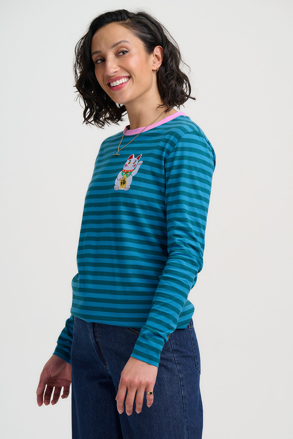 Camiseta SUGARHILL Brunswick Blue Green Lucky Cat Embroidery — vista 3