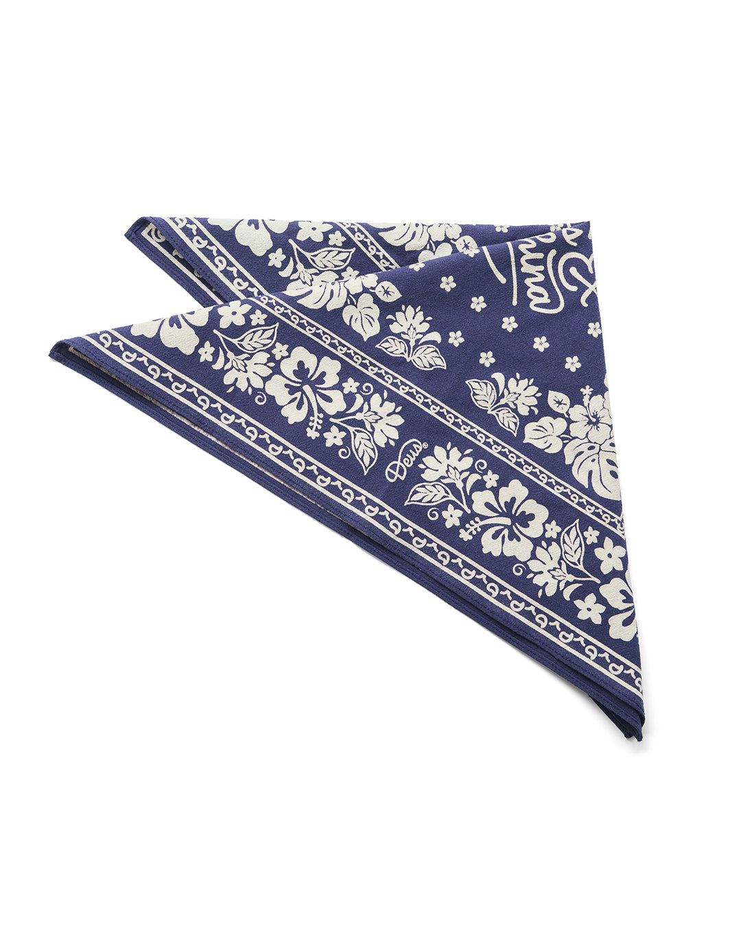 Bandana DEUS EX MACHINA Oahu azul — detalle del estampado floral y la cenefa