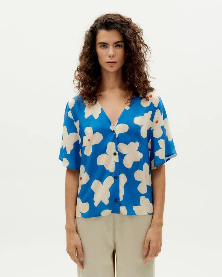 Blusa Thinking Mu Azul Flores Butterfly Libelula - ECRU