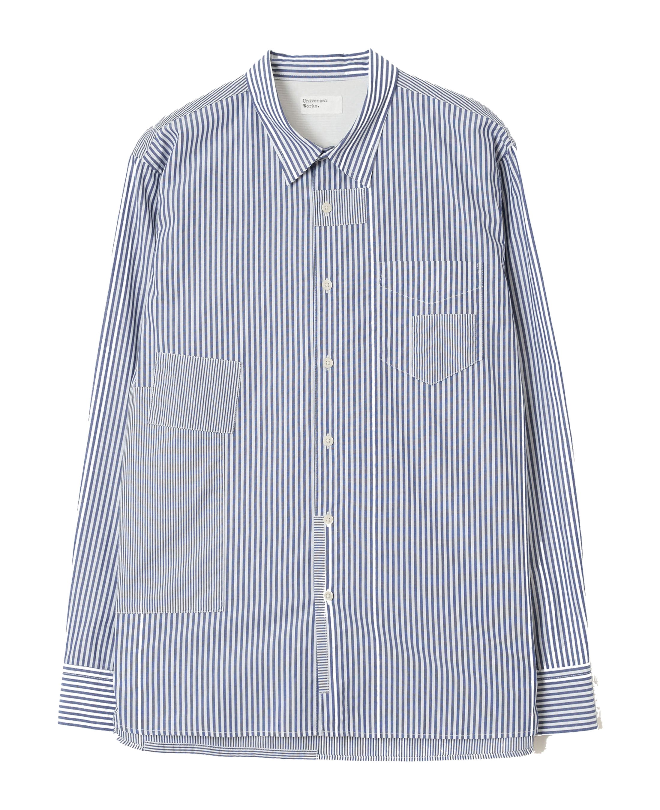 Camisa UNIVERSAL WORKS Queens Cotton Patched Navy — vista frontal, fotografía original sin fondo