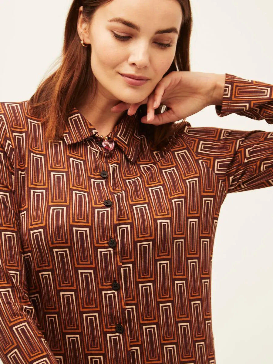 Camisa Xantik Brown Geometric Lines - ECRU