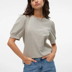 Camiseta de Mujer Vero Moda Manga Corta Abullonada Kerry Stripes Birch/Black - ECRU
