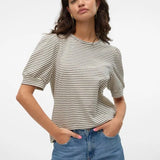 Camiseta de Mujer Vero Moda Manga Corta Abullonada Kerry Stripes Birch/Black - ECRU