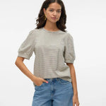 Camiseta de Mujer Vero Moda Manga Corta Abullonada Kerry Stripes Birch/Black - ECRU