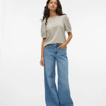 Camiseta de Mujer Vero Moda Manga Corta Abullonada Kerry Stripes Birch/Black - ECRU