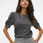 Camiseta de Mujer Vero Moda Manga Corta Abullonada Kerry Stripes Black Birch - ECRU