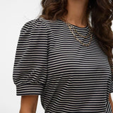 Camiseta de Mujer Vero Moda Manga Corta Abullonada Kerry Stripes Black Birch - ECRU