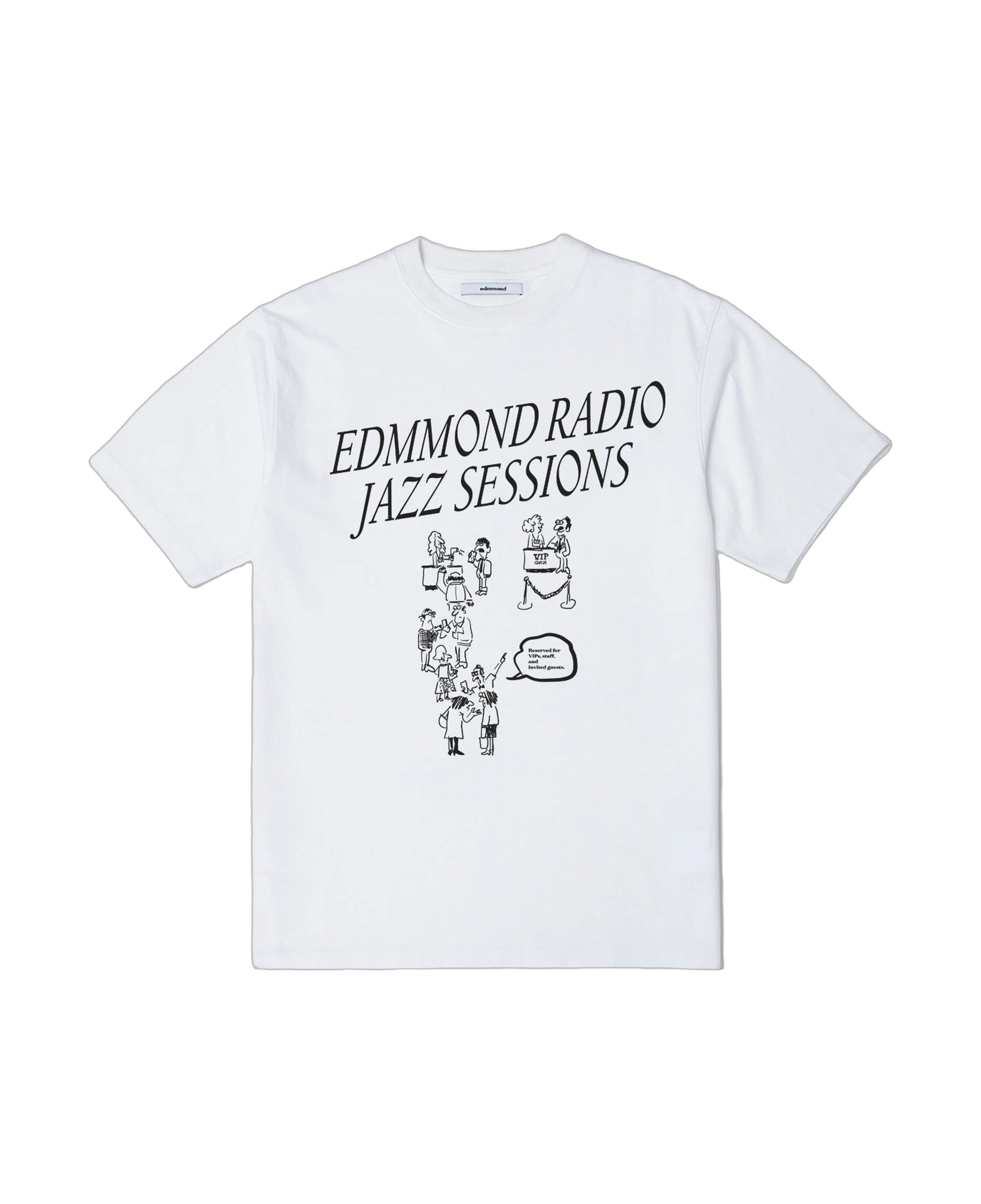 Camiseta EDMMOND STUDIOS VIP Queue White — vista frontal, fondo transparente