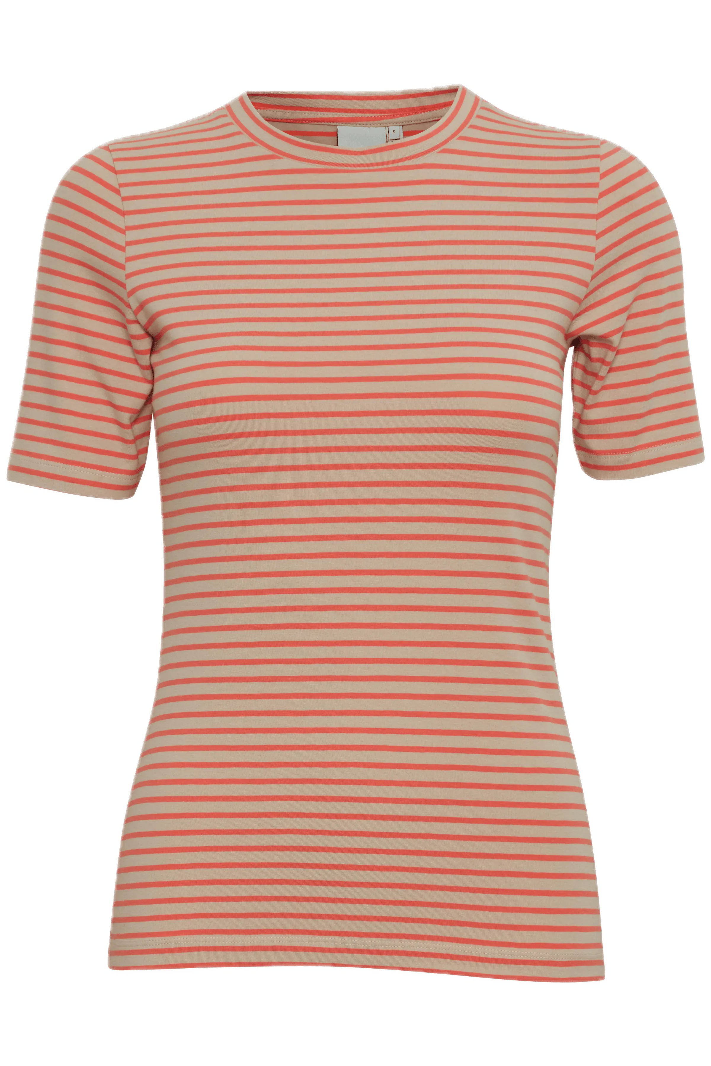 Camiseta ICHI Mira Hot Coral Stripes - ECRU