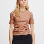 Camiseta ICHI Mira Hot Coral Stripes - ECRU