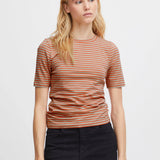 Camiseta ICHI Mira Hot Coral Stripes - ECRU