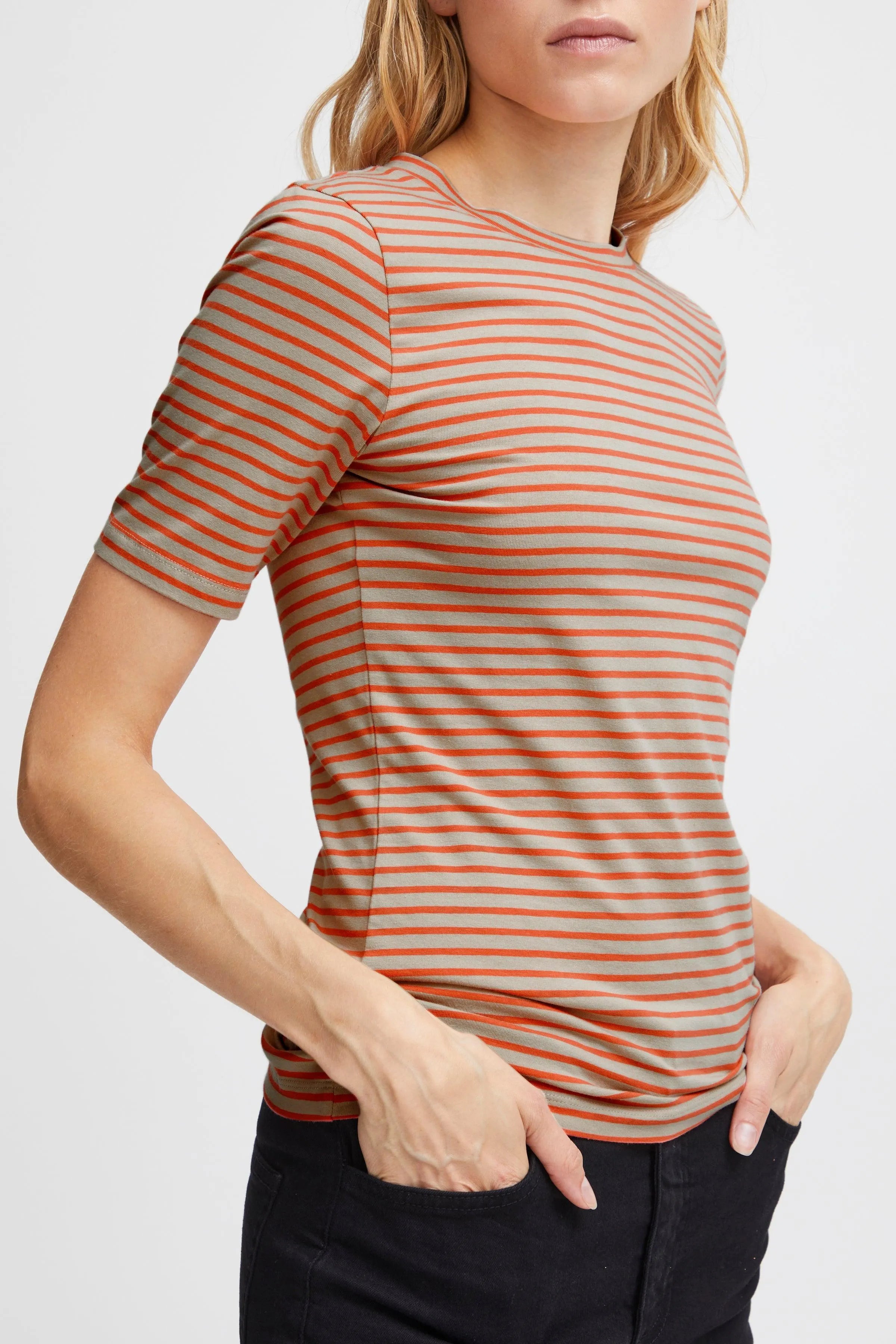 Camiseta ICHI Mira Hot Coral Stripes - ECRU