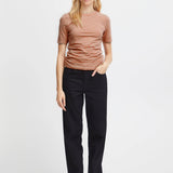 Camiseta ICHI Mira Hot Coral Stripes - ECRU