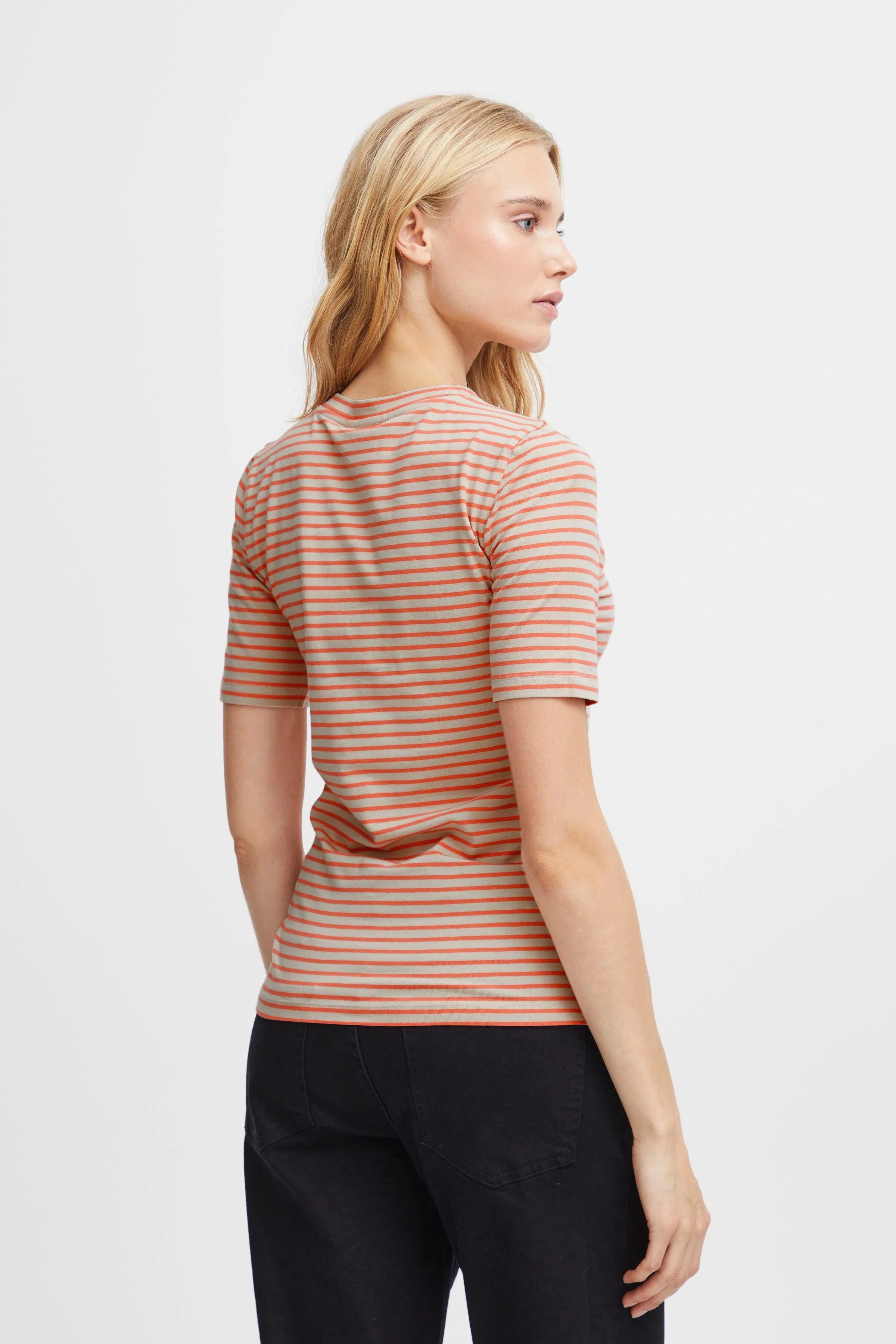 Camiseta ICHI Mira Hot Coral Stripes - ECRU