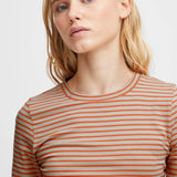Camiseta ICHI Mira Hot Coral Stripes - ECRU