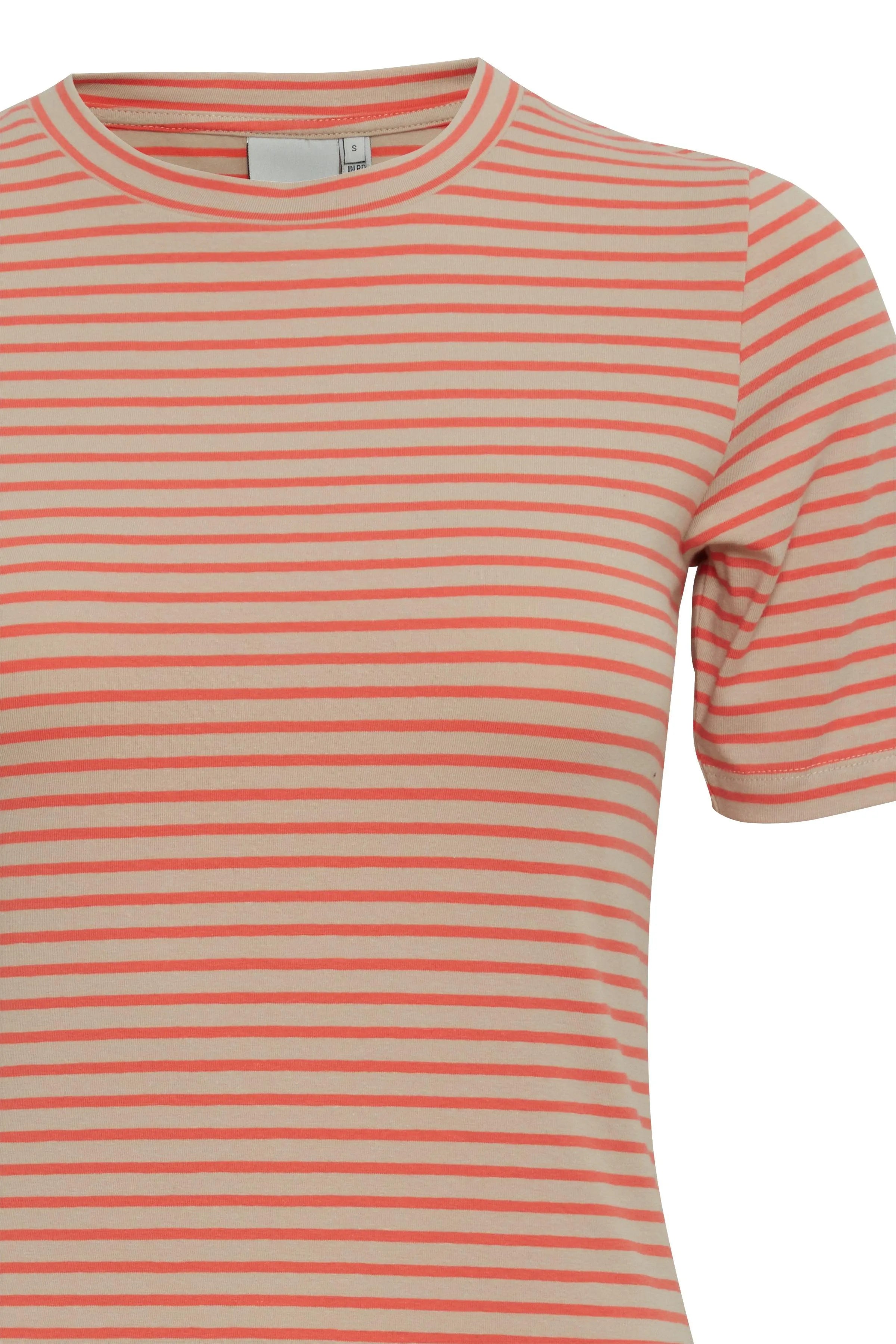 Camiseta ICHI Mira Hot Coral Stripes - ECRU