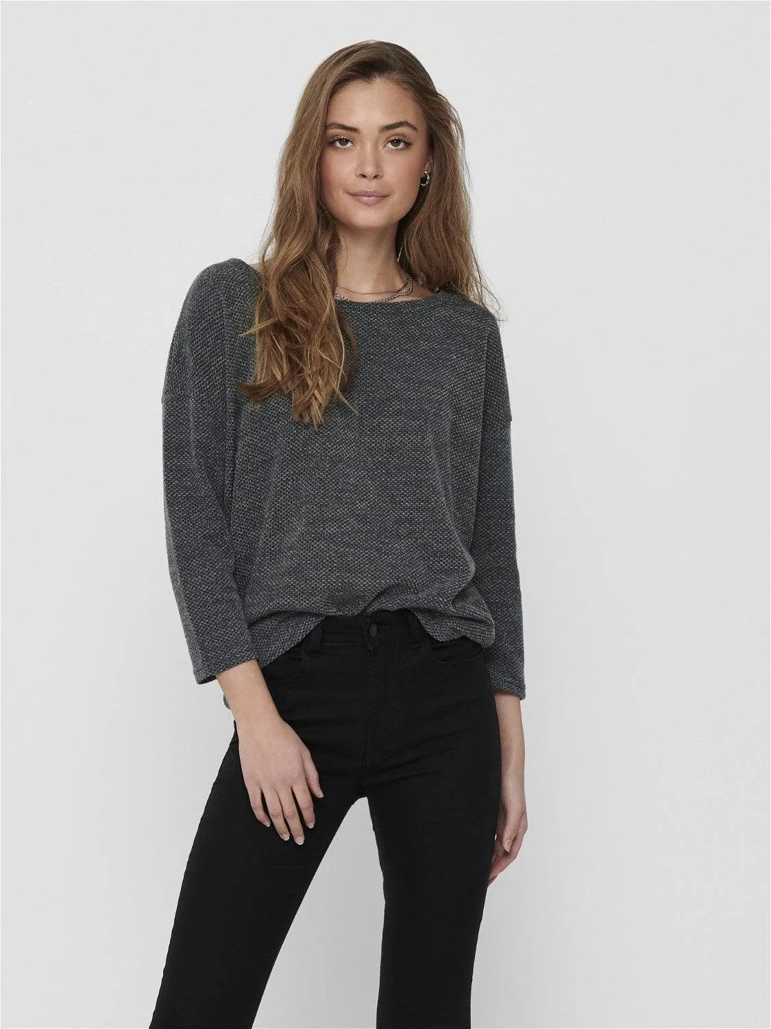 Camiseta ONLY Alba Oversize 3/4 Dark Grey Melange - ECRU