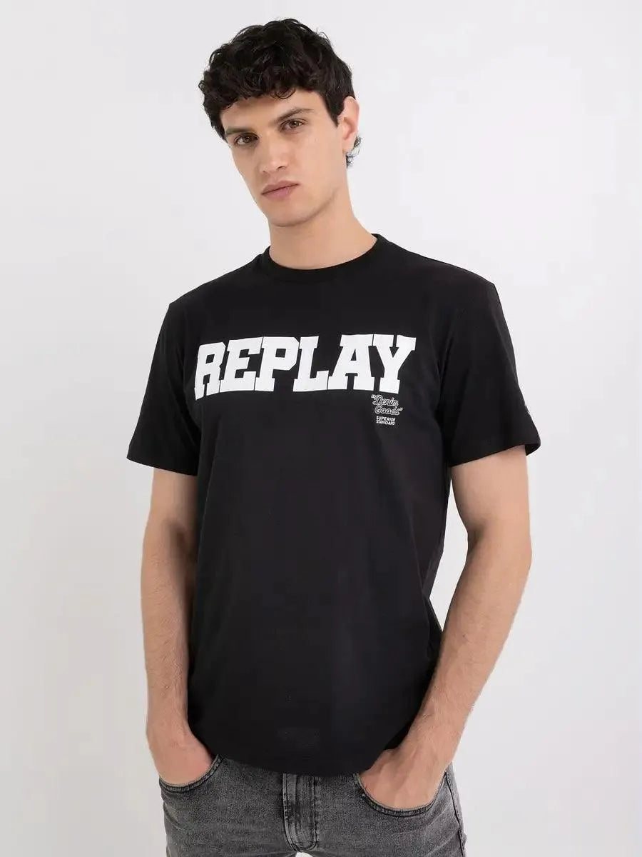 Camiseta Replay con Cuello Redondo y Estampado Negra - ECRU