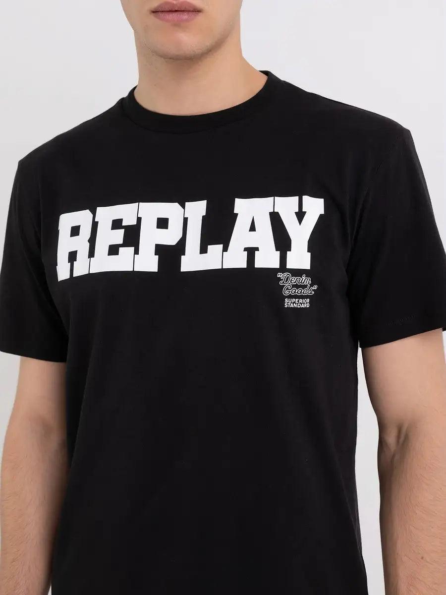 Camiseta Replay con Cuello Redondo y Estampado Negra - ECRU