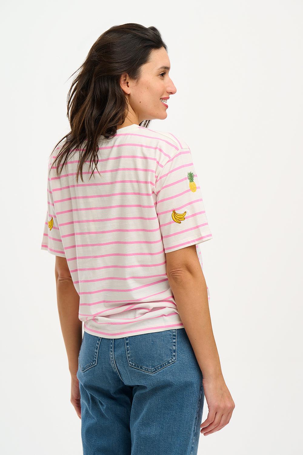 Camiseta Sugarhill Kinsley Relaxed Off-White Pink Fruit Embroidery - ECRU