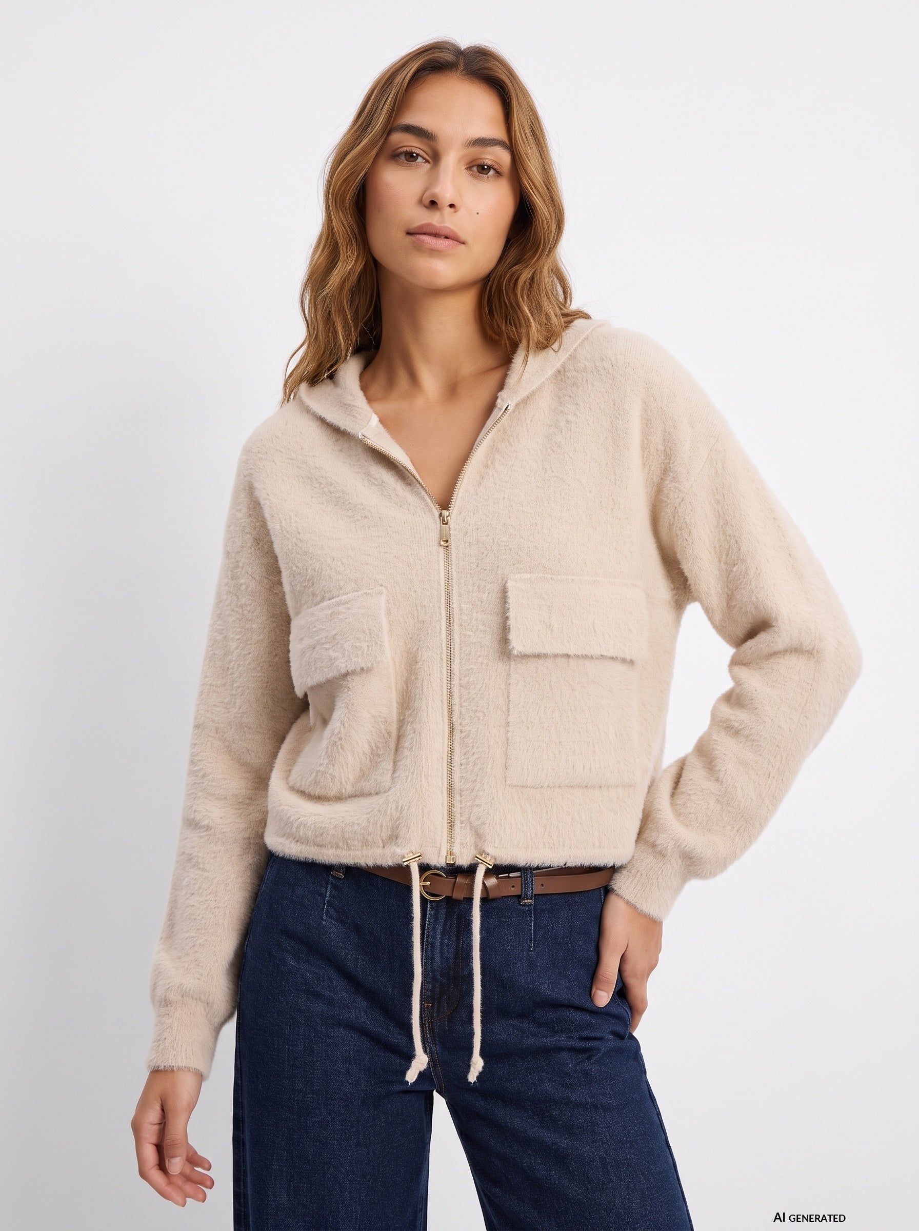Cárdigan con capucha TIFFOSI Joan beige — frontal con modelo