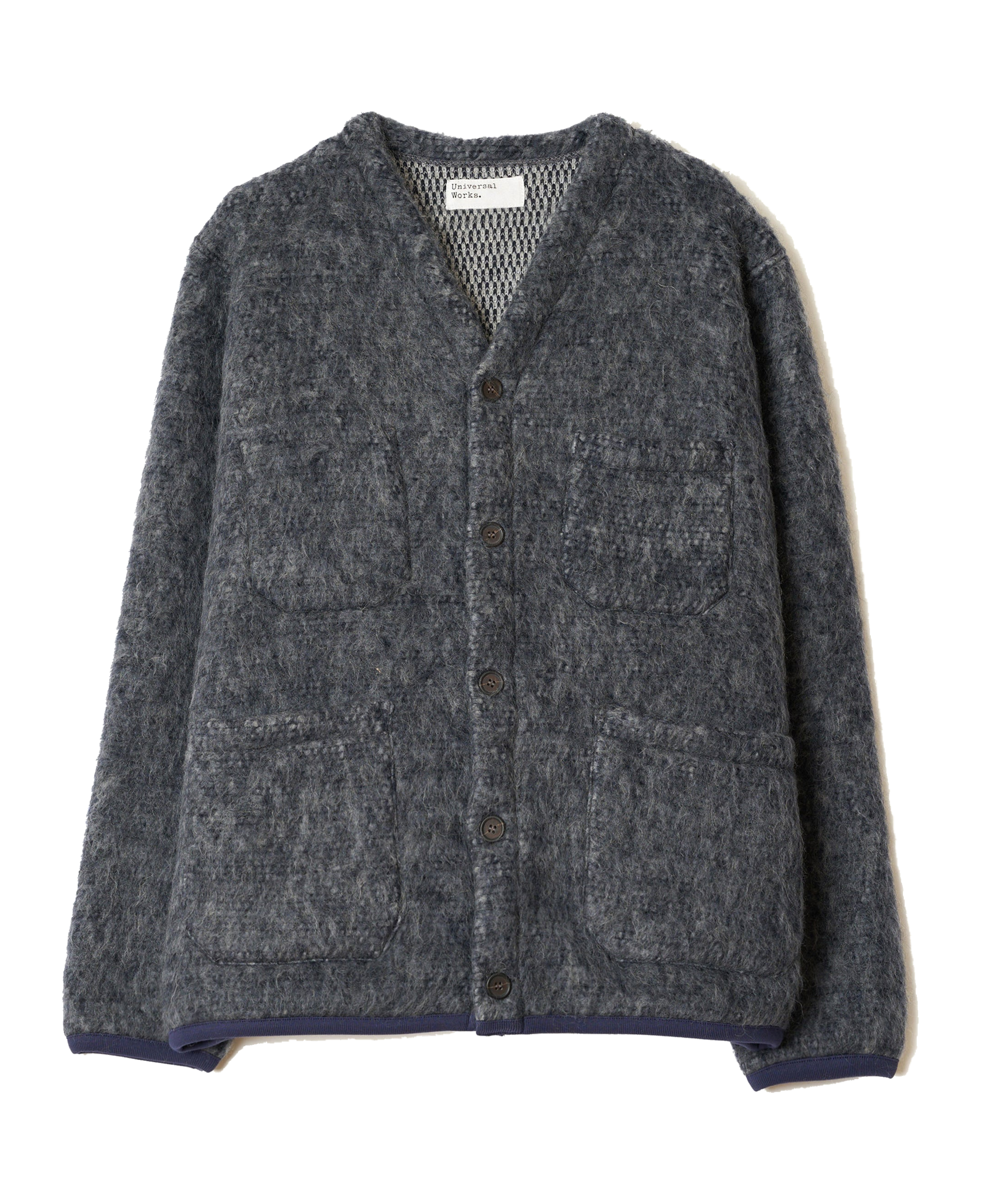 Cárdigan UNIVERSAL WORKS Losso Mohair Mix Navy / Pale Grey — vista frontal, fotografía original sin fondo