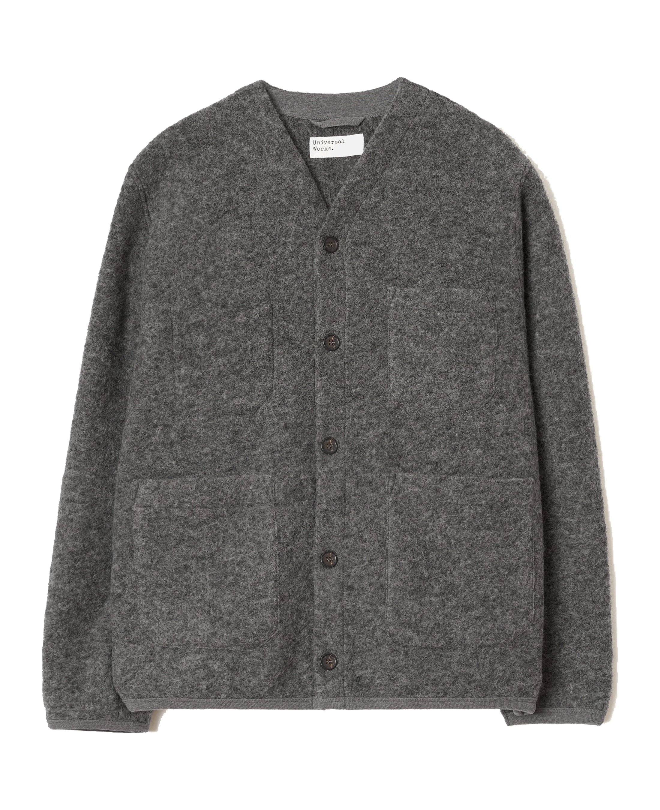 Cárdigan UNIVERSAL WORKS Wool Fleece Grey Marl — vista frontal, fotografía original sin fondo