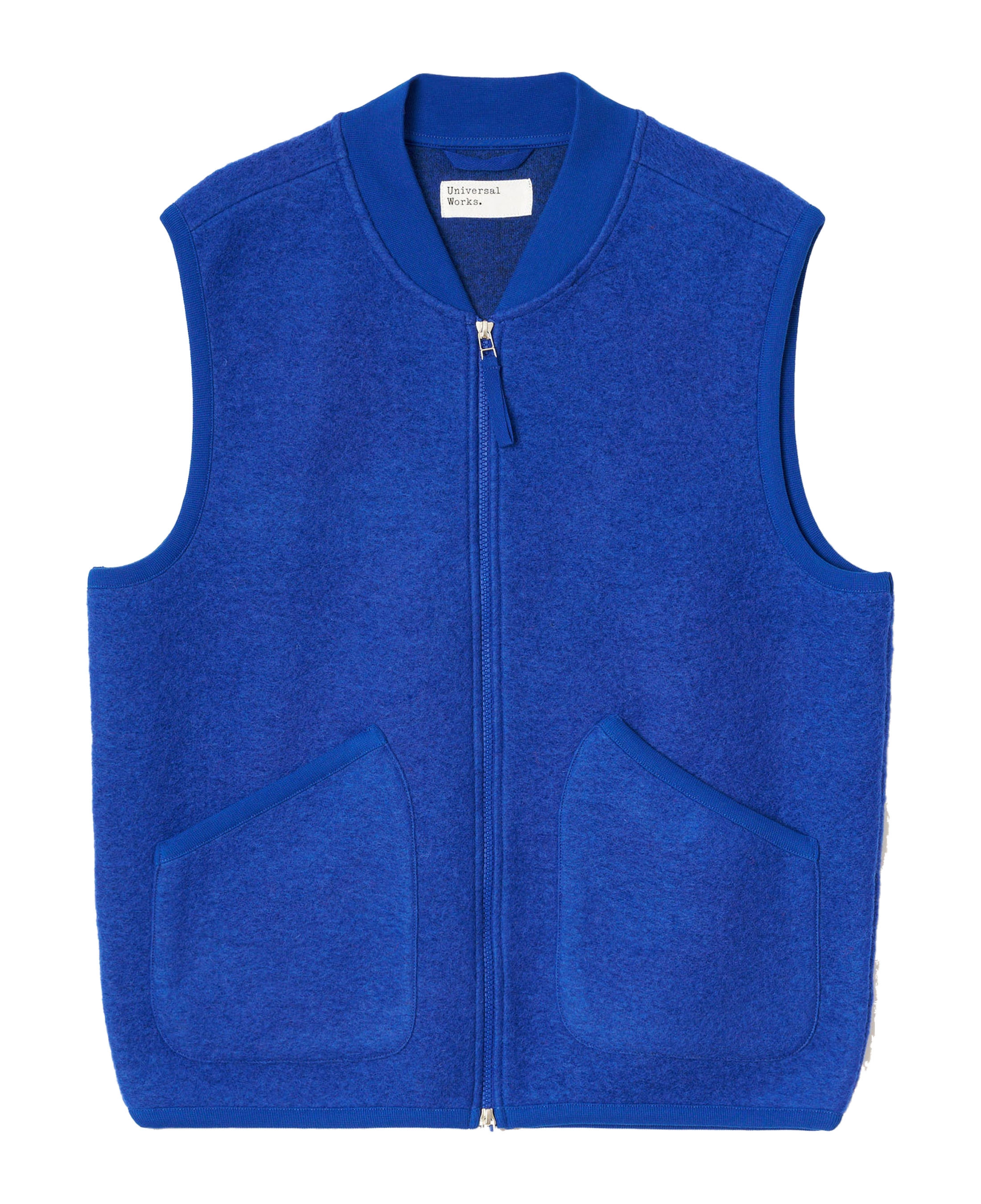 Chaleco UNIVERSAL WORKS Wool Fleece Zip Blue — vista frontal, fotografía original sin fondo