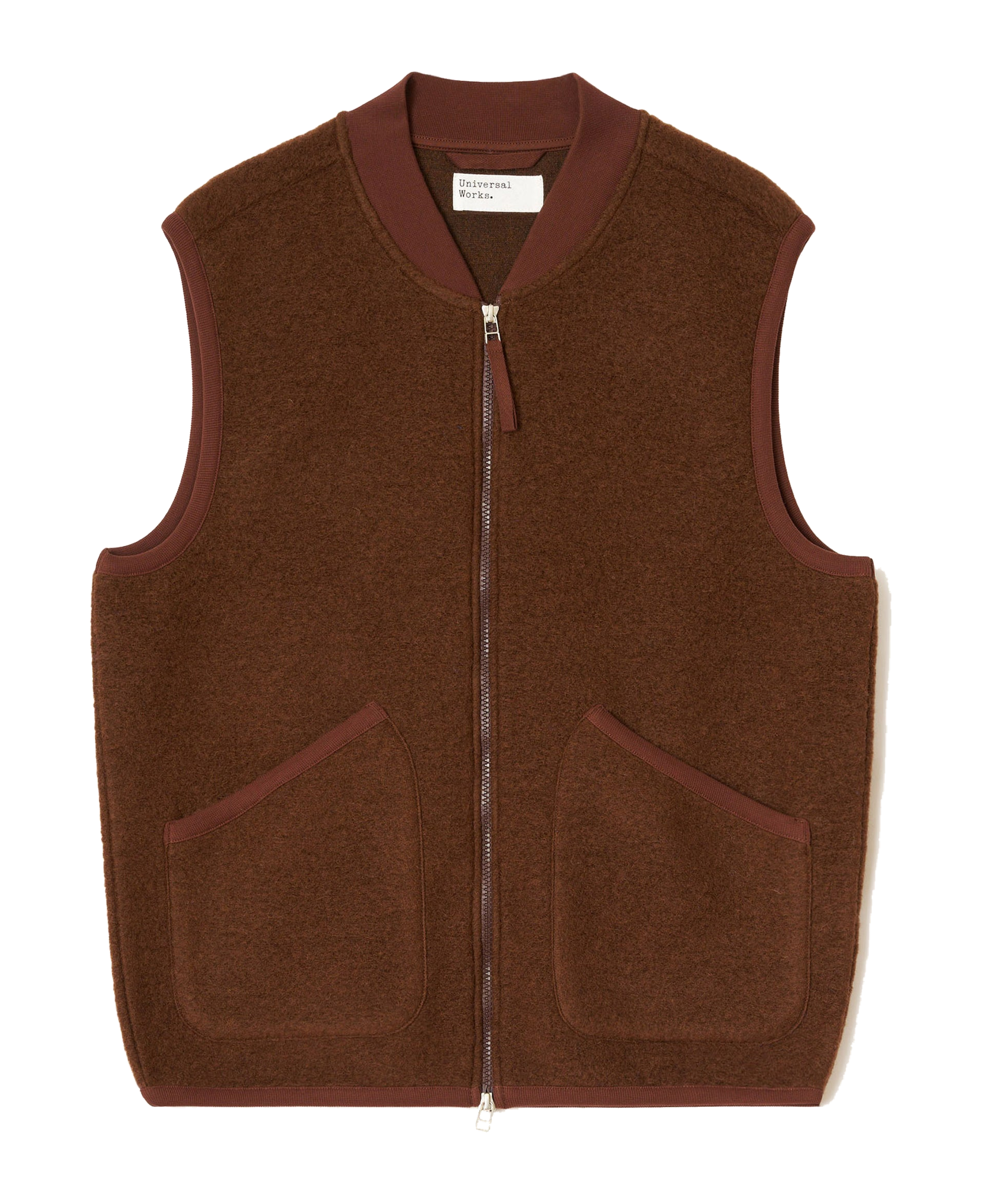 Chaleco UNIVERSAL WORKS Wool Fleece Zip Cacao — vista frontal, fotografía original sin fondo