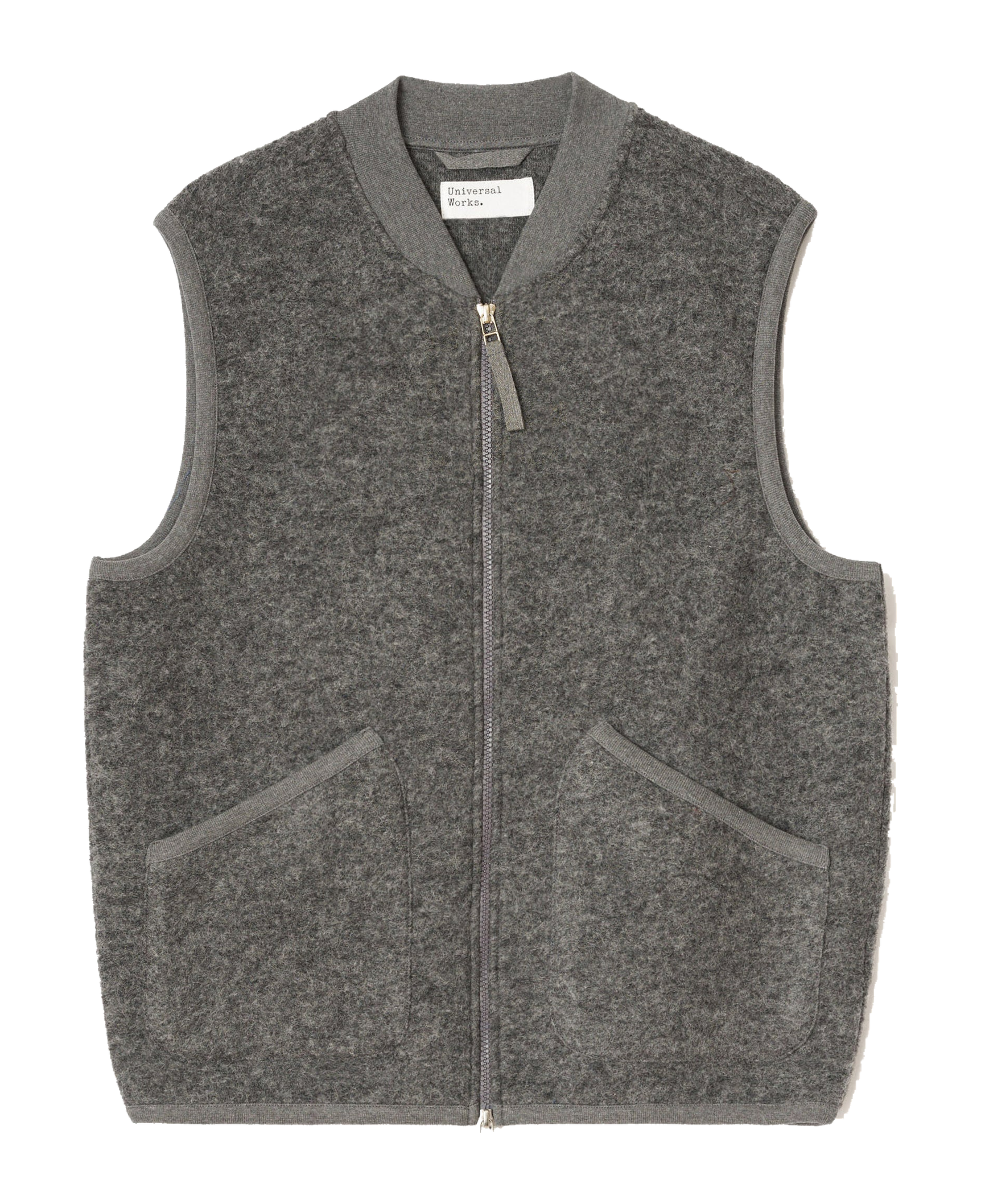 Chaleco UNIVERSAL WORKS Wool Fleece Zip Grey Marl — vista frontal, fotografía original sin fondo