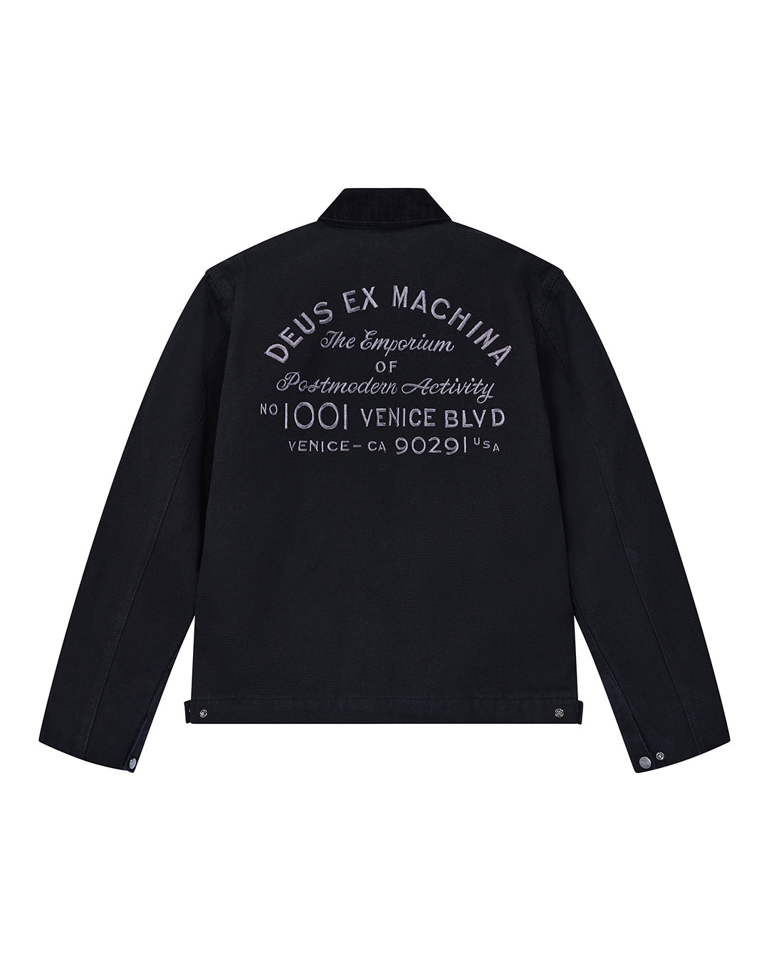 Chaqueta DEUS EX MACHINA Address Workwear negra — flat de espalda