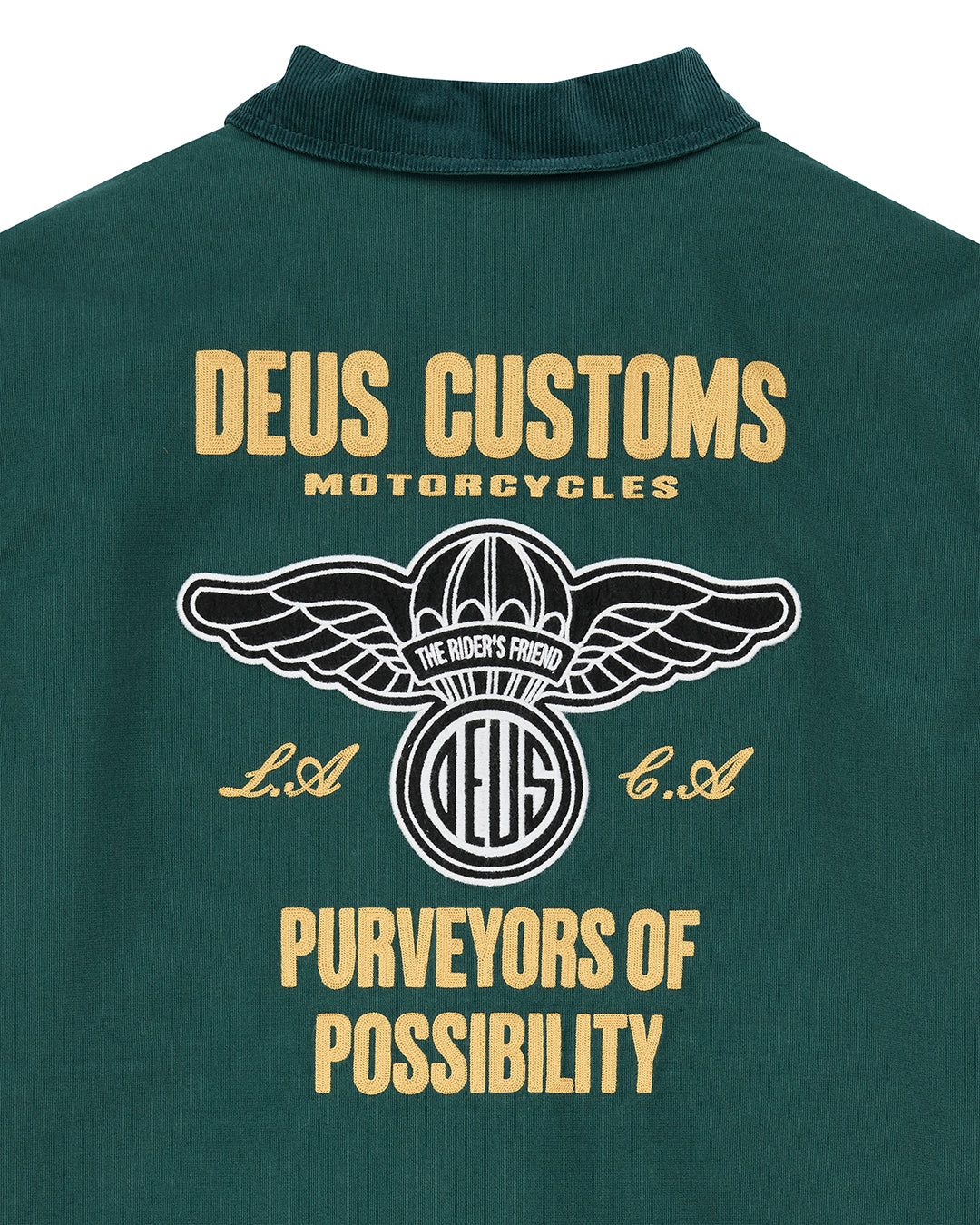 Chaqueta DEUS EX MACHINA Cutaway Racing Green — detalle de los bordados de espalda