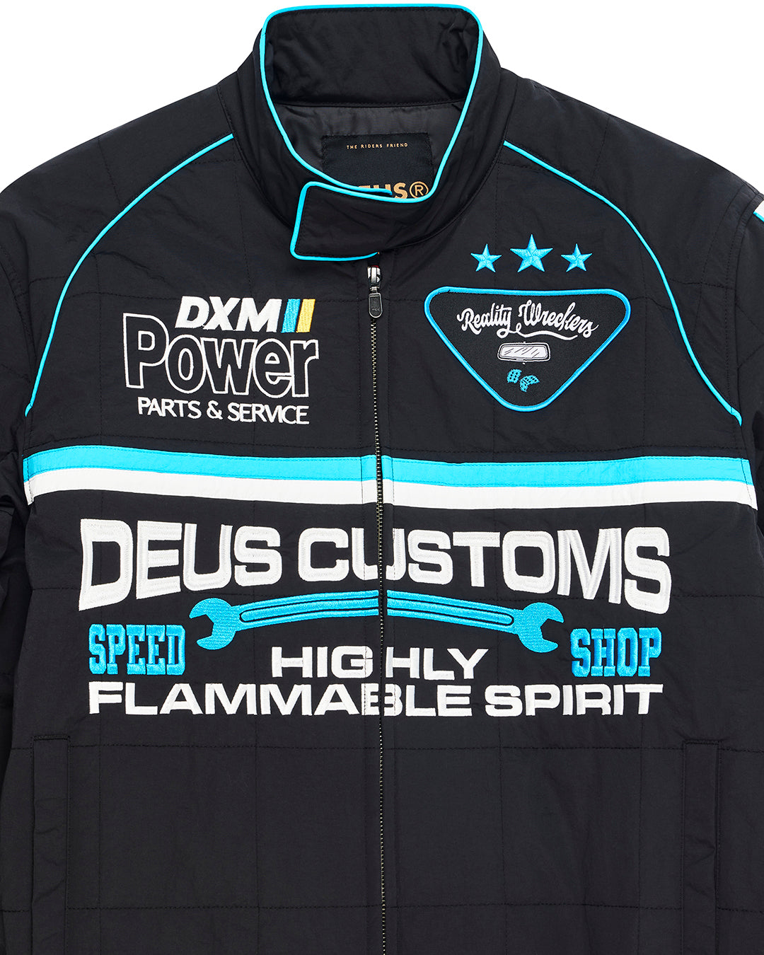 Chaqueta DEUS EX MACHINA Trife Life negra — detalle de parches y cremallera
