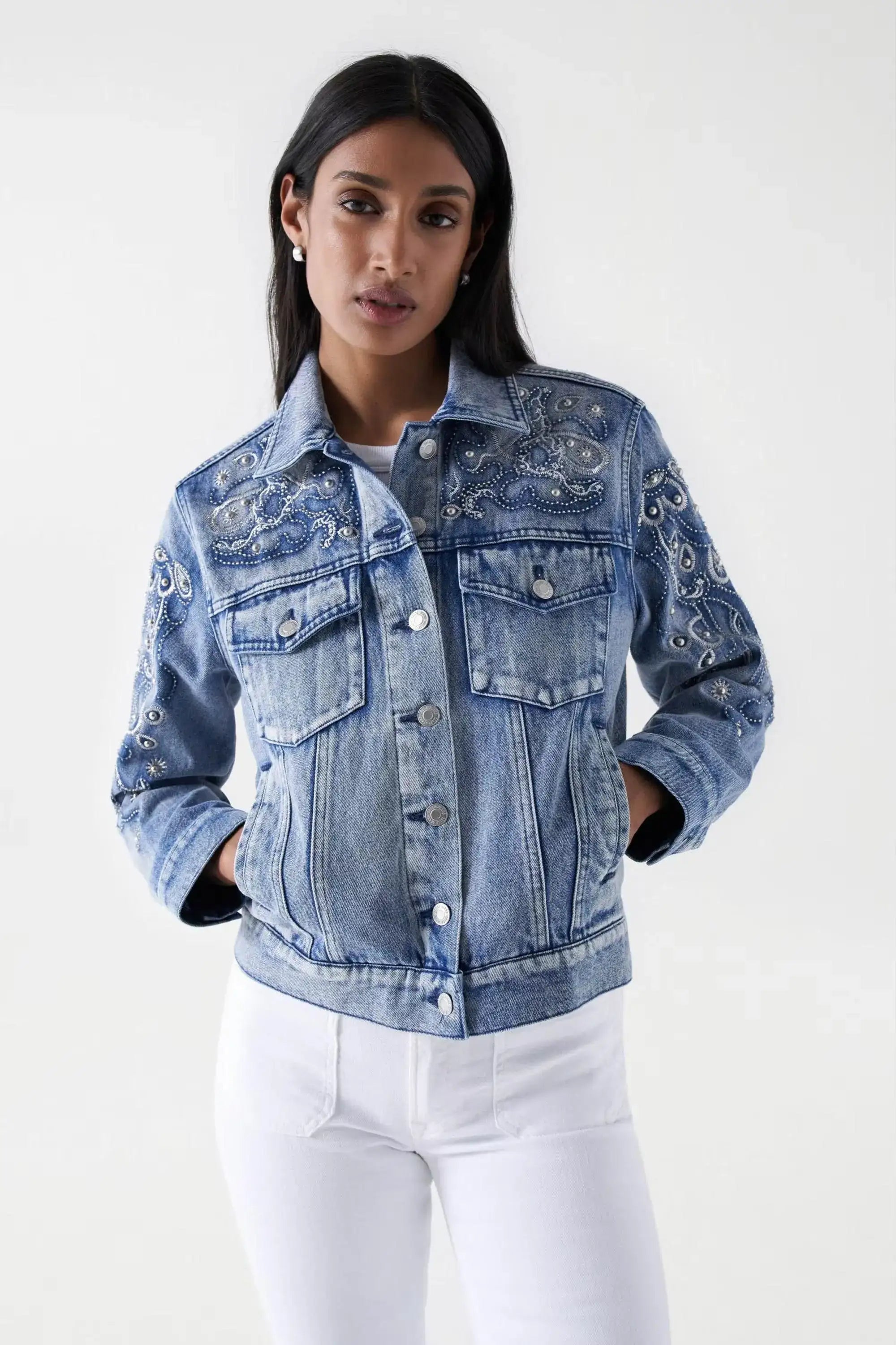 Chaqueta Salsa Jeans Vaquera con Detalles Bordados y Perlas – ECRU